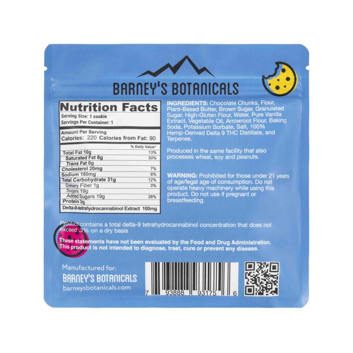 Barney's 100mg Delta 9 THC Chocolate Chip Cookie Nutrition Facts