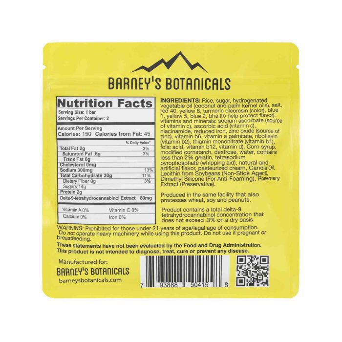 Barney's 160mg Delta 9 THC Cereal Bars - Fruity Bites Nutrition Facts