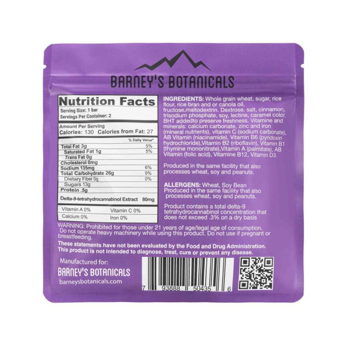 Barney's 160mg Delta 9 THC Cereal Bars - Cinnamon Toast Nutrition Facts