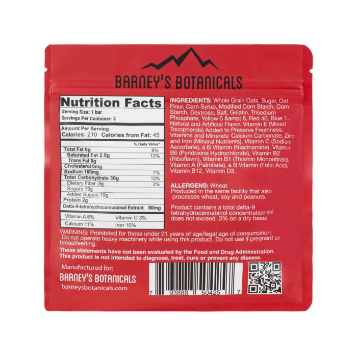 Barney's 160mg Delta 9 THC Cereal Bars - Lucky Puff Nutrition Facts